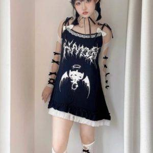 Gothic Punk Sleeveless Women’s Y2k Harajuku Sexy Printed Fairy Grunge Dresses Gothtopia https://gothtopia.com