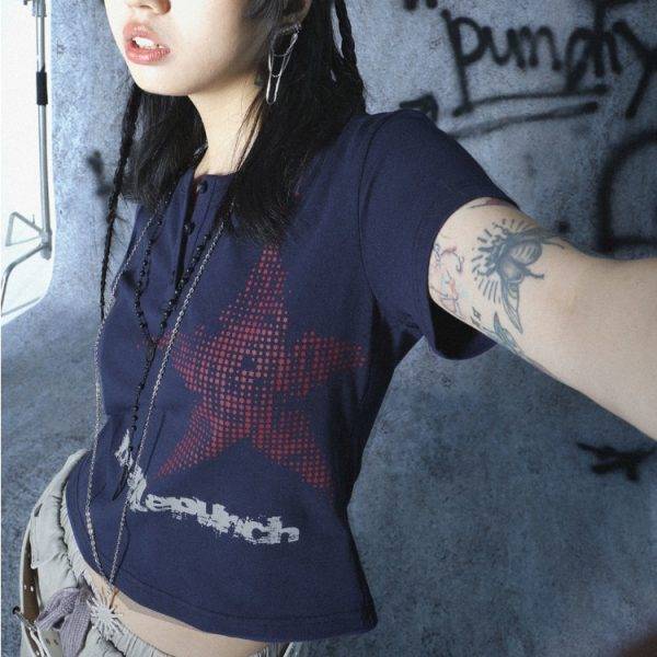 Vintage Y2k Women’s Aesthetic Grunge Star Print Punk Gothic Streetwear Graphic T-Shirts Gothtopia https://gothtopia.com