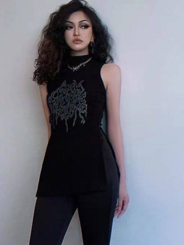 Sexy Split Side Black Women’s Vintage Print High Neck Gothic Sleeveless Tank Top Gothtopia https://gothtopia.com