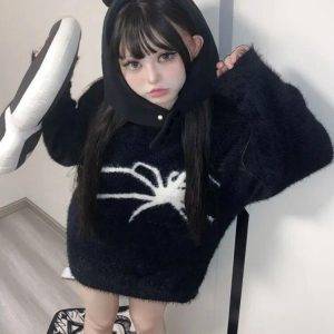 Y2k Unisex Graphic Spider Pullover Aesthetic Grunge Knitted Gothic Cashmere Sweater Streetwear Gothtopia https://gothtopia.com