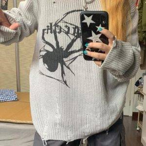 Spider Print Thick Gothic Vintage Ripped Grunge Y2k Jumper Streetwear Oversize Pullover Sweater Gothtopia https://gothtopia.com