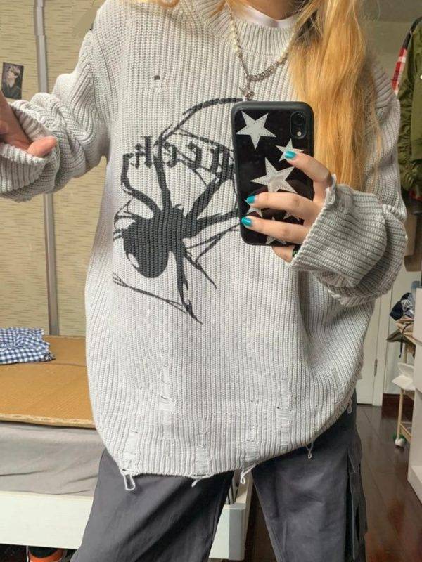 Spider Print Thick Gothic Vintage Ripped Grunge Y2k Jumper Streetwear Oversize Pullover Sweater Gothtopia https://gothtopia.com