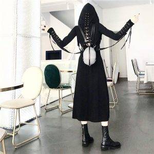 Gothic Style Two Piece Set Women’s Black Suit Crop Sweatshirt + Sleeveless Tank Dress Gothtopia https://gothtopia.com