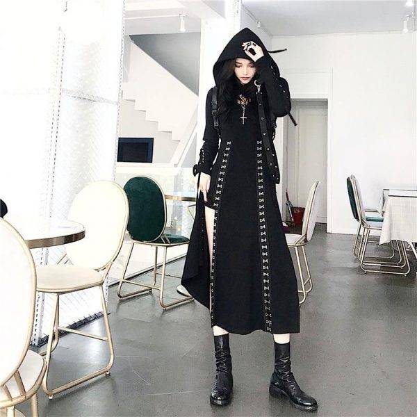 Gothic Style Two Piece Set Women’s Black Suit Crop Sweatshirt + Sleeveless Tank Dress Gothtopia https://gothtopia.com