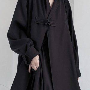 Autumn Fashion Casual Woman Jacket Punk Grunge Button Turn Down Collar Gothic Black Solid Coat Gothtopia https://gothtopia.com