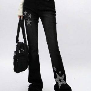 Gothic Punk Y2k Aesthetic Demin Rhinestones Star Patch Tassel Flare Sexy High Waist Jeans Gothtopia https://gothtopia.com