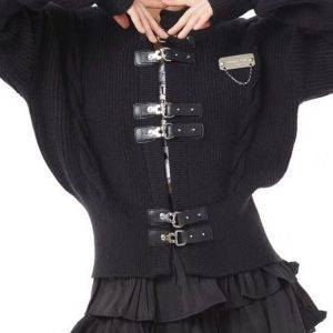 Women’s Knitted Y2K Loose Belted Grunge Gothic Jumper Fashion Sweater Jacket Gothtopia https://gothtopia.com
