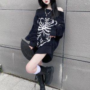 Aesthetic Skull Print Gothic Grunge Jumper Loose Knitwear Black Loose Pullover Sweater Gothtopia https://gothtopia.com