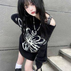 Aesthetic Skull Print Gothic Grunge Jumper Loose Knitwear Black Loose Pullover Sweater Gothtopia https://gothtopia.com