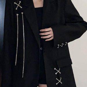 Women’s Black Gothic Punk Hip Hop Solid Vintage Blazer Chic Chain Loose Jacket Streetwear Gothtopia https://gothtopia.com