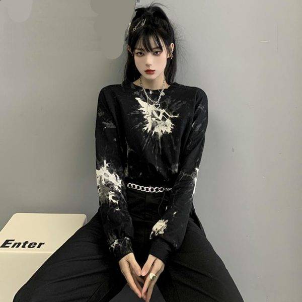 Goth Women’s Tie Dye Long Sleeve Short Length Gothic Crop Top Gothtopia https://gothtopia.com