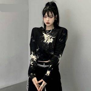 Goth Women’s Tie Dye Long Sleeve Short Length Gothic Crop Top Gothtopia https://gothtopia.com