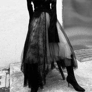 Unique Dark Gothic A-line Black Mesh Lace Spliced Streetwear Ankle-length Zipper Skirts Gothtopia https://gothtopia.com