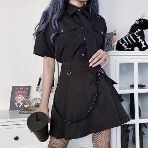Black Dark Goth Women’s Big Pocket Waist Ribbon Chain Gothic Punk High Waist Zipper Cargo Skirt Gothtopia https://gothtopia.com