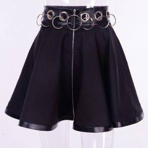 Black Punk PU Patchwork Lolita High Waist Eyelet Iron Ring Gothic Pleated Skirt Gothtopia https://gothtopia.com