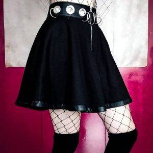 Black Punk PU Patchwork Lolita High Waist Eyelet Iron Ring Gothic Pleated Skirt Gothtopia https://gothtopia.com