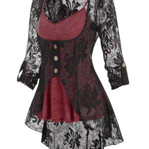 Gothic Plus Size Top Heathered Flare Skirted Cami Top and Mock Button Slit Flower Lace Blouse Set L-5XL Gothtopia https://gothtopia.com