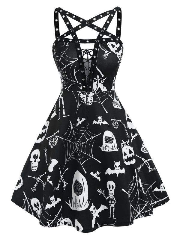 Skull Bat Pumpkin Print Lace-up Dress Gothic Sleeveless Sexy Mini A-Line Party Dresses Gothtopia https://gothtopia.com