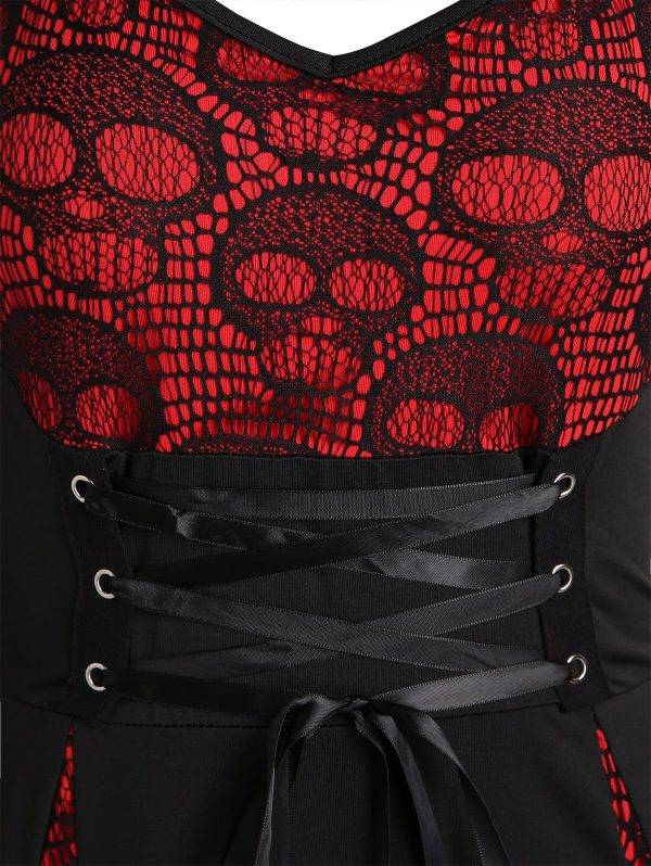 Red and Black Gothic Skull Lace Cross Back Lace Up Plus Size A Line Dresses L-5XL Gothtopia https://gothtopia.com