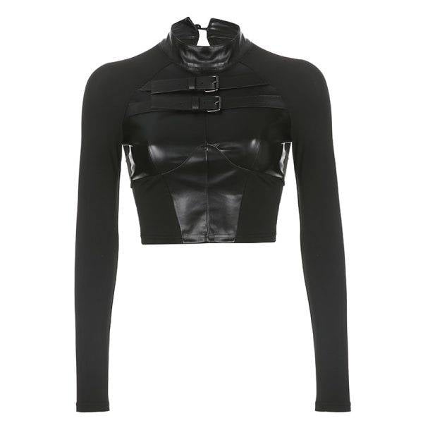 SUCHCUTE Gothic Dark Leather PU Patchwork T-shirts Girl’s Punk Style Button Up Bodycon Crop Tops Hippies Biker Full Sleeve Cloth Gothtopia https://gothtopia.com