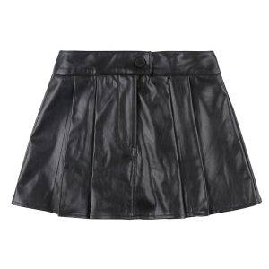 SUCHCUTE Korean Fashion Black Leather PU Mini Skirts Women A-line Solid High Waist Pleated Skirts Gothic Streetwear Clothes Gothtopia https://gothtopia.com