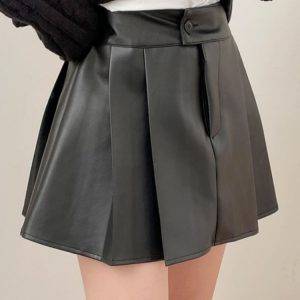 SUCHCUTE Korean Fashion Black Leather PU Mini Skirts Women A-line Solid High Waist Pleated Skirts Gothic Streetwear Clothes Gothtopia https://gothtopia.com