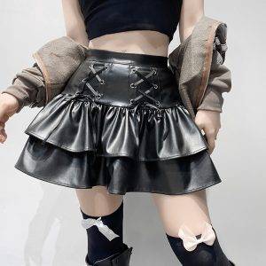 SUCHCUTE Punk Style PU Leather Mini Skirts Hight Waist Lace Up Bandage Black Pleated Skirt Streetwear Girls Dark Academia Cloth Gothtopia https://gothtopia.com