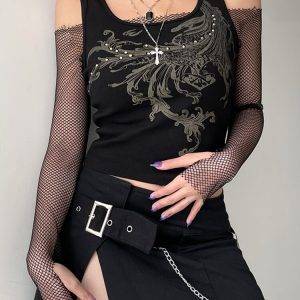 SUCHCUTE Gothic graphics Print Women T-shirts Dark Academic Vintage Fairycore Crop Tops Y2K Casual Streetwear Sleeveless Clothes Gothtopia https://gothtopia.com