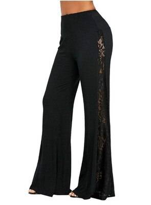 Women Gothic Punk Lace Patchwork Fashion Wide Leg Pants Sexy Hollow Out See Through Black Loose Summer Thin Trousers Long Pants Gothtopia https://gothtopia.com