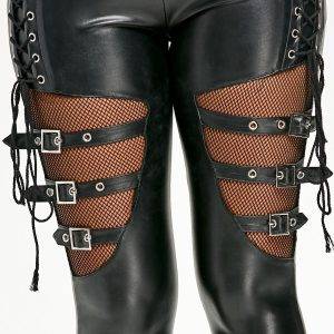 Women Punk Gothic PU Leather Pencil Pants Sexy Skinny Lace Up With Buckle Solid High Waist Long Pants Perspective PU Trousers Gothtopia https://gothtopia.com