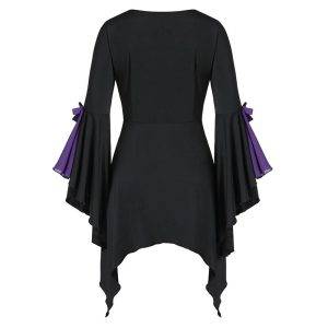 Medieval Vintage Gothic Punk Sequin Lace Up Shirt Tops For Women New Butterfly Sleeve Colorblock Irregular Hem T-Shirt Plus Size Gothtopia https://gothtopia.com