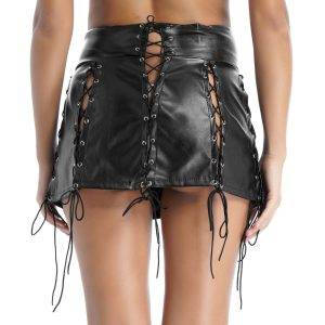 Ladies Women Sexy Skirt Gothic Fashion Punk Hollow Out Lace-up Wetlook Faux Leather Skirt Nightclub Party Rock Concert Miniskirt Gothtopia https://gothtopia.com