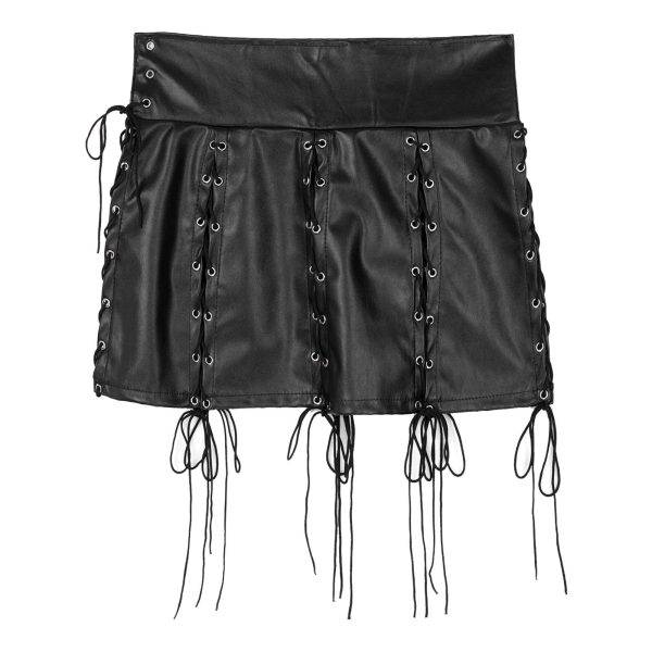 Ladies Women Sexy Skirt Gothic Fashion Punk Hollow Out Lace-up Wetlook Faux Leather Skirt Nightclub Party Rock Concert Miniskirt Gothtopia https://gothtopia.com
