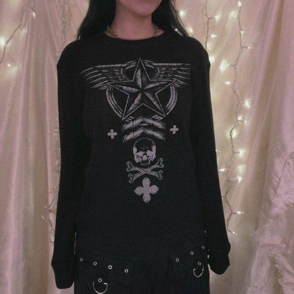 Gaono E-girl Gothic Aesthetics Tees Y2K Vintage Graphic Print Long Sleeve T Shirt Dark Academia Grunge Mall Goth Pullovers Gothtopia https://gothtopia.com
