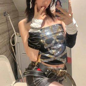 Gaono Rhinestone Skulls Pattern Tube Top Vest Gothic Grunge Cropped Top Sexy Strapless Camisole Y2K Vintage Mall Goth Clothes Gothtopia https://gothtopia.com