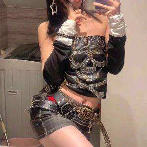 Gaono Rhinestone Skulls Pattern Tube Top Vest Gothic Grunge Cropped Top Sexy Strapless Camisole Y2K Vintage Mall Goth Clothes Gothtopia https://gothtopia.com