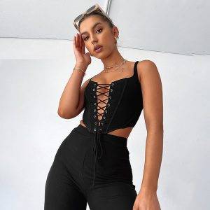 Gaono Women Y2K Bustier Corset Lace Up Strapless Gothic Punk Shoulder Slim Cami Tanks Sexy Clubwear Party Tube Crop Top Gothtopia https://gothtopia.com