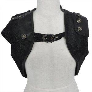 Black Floral Lace And Leather Sleeveless Short Steampunk Jacket Gothic Bolero Vintage Coat Women Gothtopia https://gothtopia.com