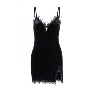 Gothic Dark Cross Black Mini Dress Vintage Sexy Spaghetti Strap High Waist Slit Dress Gothtopia https://gothtopia.com