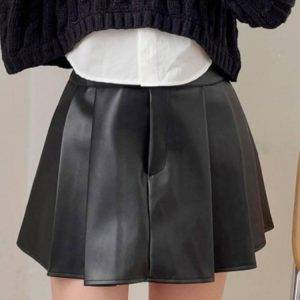 Gothic Black PU Leather A-line Solid High Waist Pleated Skirts Streetwear Gothtopia https://gothtopia.com