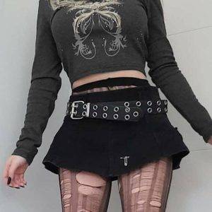Goth Print Long Sleeve Women’s Dark Academia Black Slim Fashion Vintage Autumn Crop Top Gothtopia https://gothtopia.com