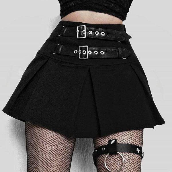 Gothic Punk Black Grunge Punk Style Pleated High Waist Skirt With Leather Buckles Gothtopia https://gothtopia.com