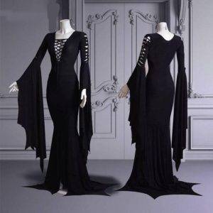 Morticia Addams Floor Dress Costume Adult Women’s Witch Vintage Sexy Hollow Lace Up Slim Gown Dress S-5XL Gothtopia https://gothtopia.com