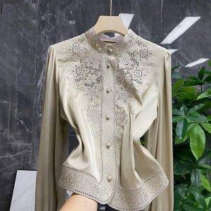 Elegant Women’s Gothic Vintage Stand Collar Embroidery Long Sleeve Blouse M-3XL Gothtopia https://gothtopia.com