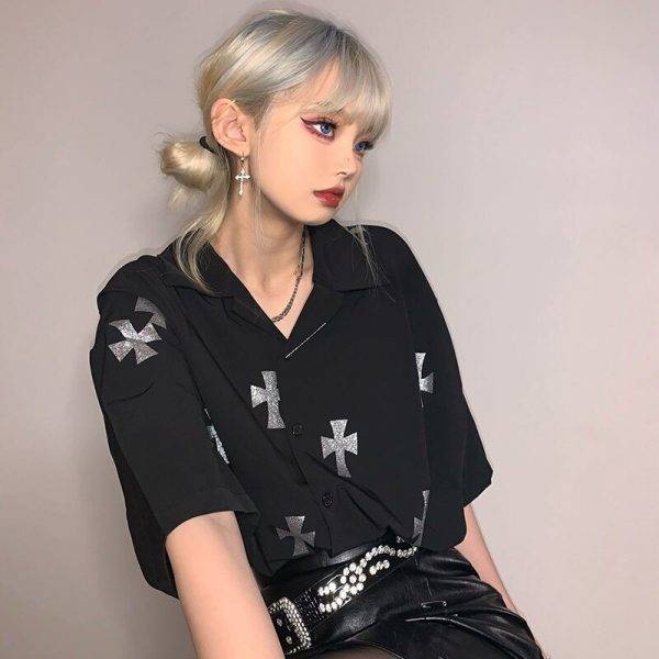 Gothic Streetwear Short Sleeve Glitter Cross Graphics Buttons Tops Y2k Blouse Hip Hop Sweatshirt Korean Fashion Punk women Shirt Gothtopia https://gothtopia.com