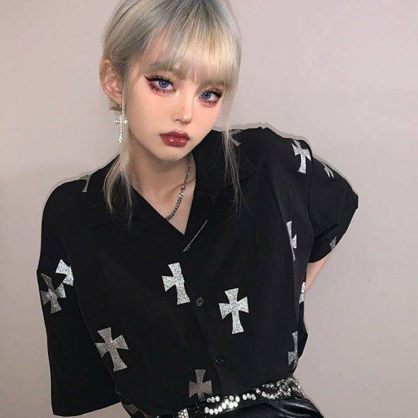 Gothic Streetwear Short Sleeve Glitter Cross Graphics Buttons Tops Y2k Blouse Hip Hop Sweatshirt Korean Fashion Punk women Shirt Gothtopia https://gothtopia.com