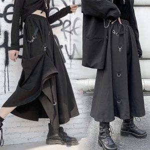 Plus Size Harajuku Punk Style Skirts Women High Waist Buckle Irregular Gothic Skirt Black Hip Hop Streetwear Freely Adjustable Gothtopia https://gothtopia.com