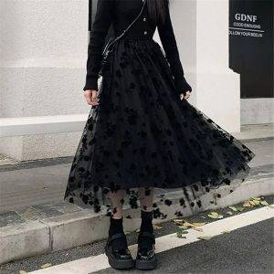 Gothic Mesh Jacquard Black Long Pleated Skirt Women Midi Retro Midi Tulle Skirt 2022 Korean Vintage Harajuku Fashion Lolita Saia Gothtopia https://gothtopia.com