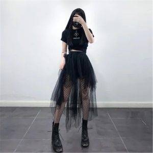 Irregular Mesh High Waist Skirt Women Black Short Front Long Back Gothic Darkness Skirt Casual Loose Streetwear Pleated Skirt Gothtopia https://gothtopia.com