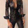 Women PU Leather Sheer Mesh Top Femme Casual Buttoned Long Sleeve Pocket Design Skinny Blouse Office Lady Outfits Y2k Gothtopia https://gothtopia.com